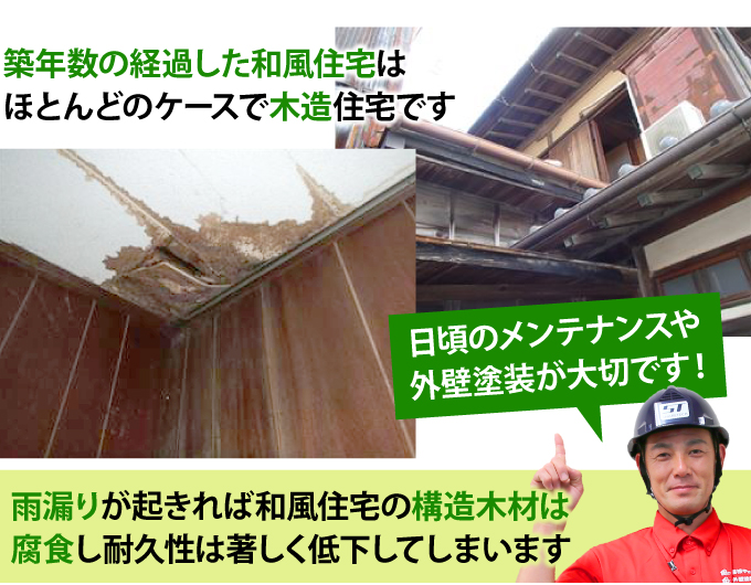 雨漏りが起きれば和風住宅の構造木材は腐食し耐久性は著しく低下