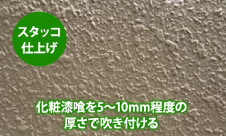 「スタッコ 仕上げ」化粧漆喰を5～10mm程度の 厚さで吹き付ける