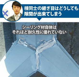 棟同士の継ぎ目はどうしても隙間ができてしまい、シーリング材自体はそれほど耐久性に優れていない