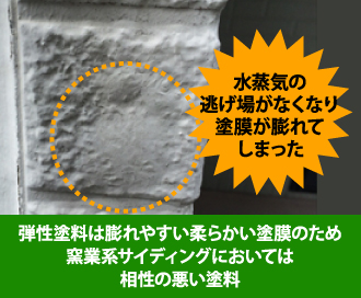 弾性塗料は膨れやすい柔らかい塗膜のため 窯業系サイディングにおいては 相性の悪い塗料