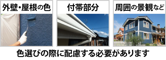 色選びの際には、外壁・屋根の色や、軒天・雨樋などの付帯部分、周囲の景観などにも配慮する必要があります