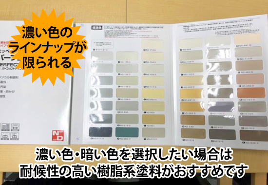濃い色・暗い色を選択したい場合は耐候性の高い樹脂系塗料がおすすめです
