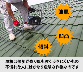 屋根は傾斜があり風も強く歩きにくいもの不慣れな人にはかなり危険な作業なのです