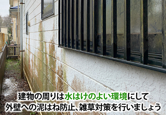 建物の周りは水はけのよい環境にして外壁への泥はね防止、雑草対策を行いましょう