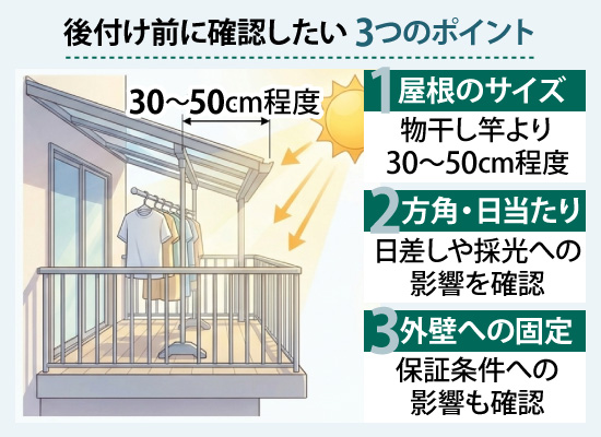 後付け前、屋根のサイズ、方角・日当たり、外壁への固定など確認しておきましょう
