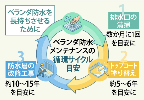 ベランダ防水を長持ちさせるために、排水口の清掃・トップコート塗り替え・防水層の改修工事を心がけましょう