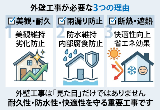 外壁工事は「見た目」だけではありません耐久性・防水性・快適性を守る重要工事です