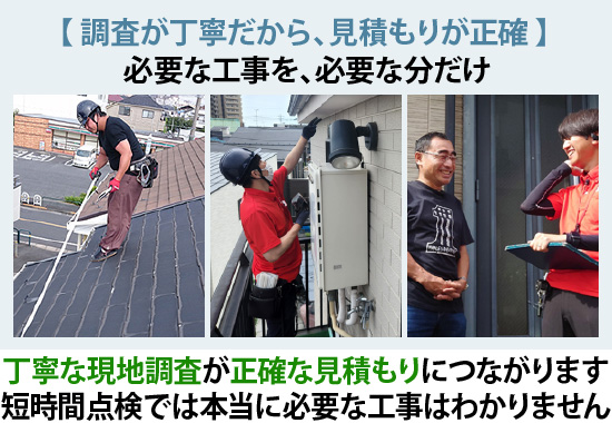 丁寧な現地調査が正確な見積もりにつながります短時間点検では本当に必要な工事はわかりません