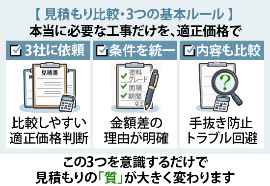 3社に依頼・条件を統一・内容も比較、この3つを意識するだけで見積もりの「質」が大きく変わります