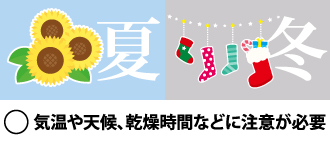 夏・冬は気温や天候、乾燥時間などに注意が必要