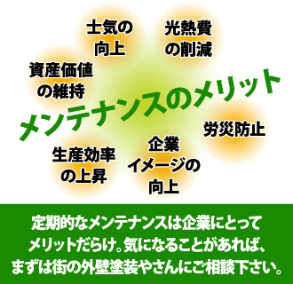 定期的なメンテナンスは企業にとってメリットだらけ。気になることがあれば、まずは街の外壁塗装やさんにご相談下さい