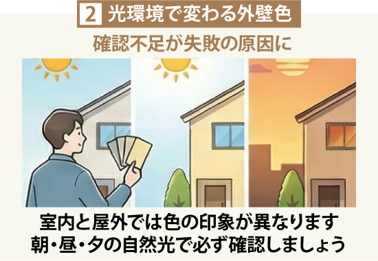 ②光環境で変わる外壁色！確認不足が失敗の原因に