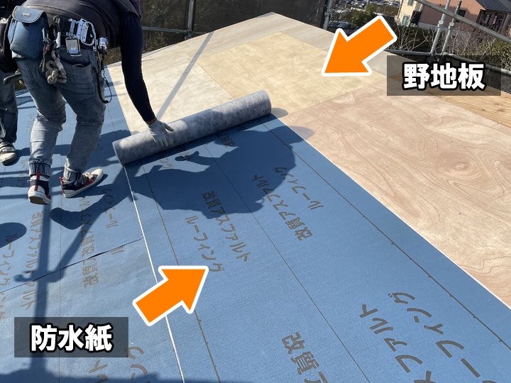屋根の全体的な改修工事（葺き替え工事）では野地板や防水紙といった屋根下地の改修が可能！
