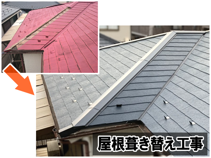 既存の屋根材を全て撤去して、新しい屋根材を施工する屋根葺き替え工事
