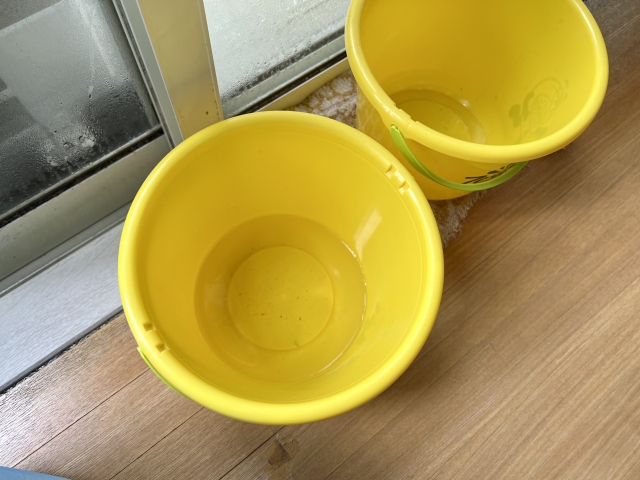 バケツなどで落ちてくる水を受け止めましょう