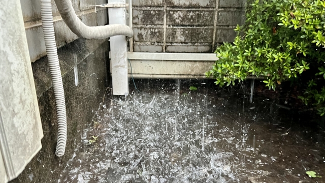 雨水が直接地面に打ち付けている様子