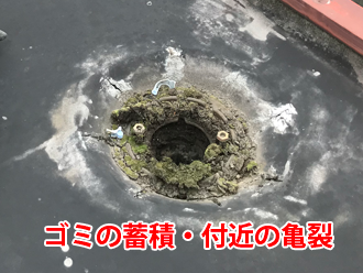 ゴミが蓄積し、付近に亀裂がある排水溝