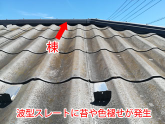 銚子市笠上町で波型スレート屋根とモルタル外壁の塗装工事のご依頼。屋根・外壁どちらも塗膜が劣化し苔が発生していました