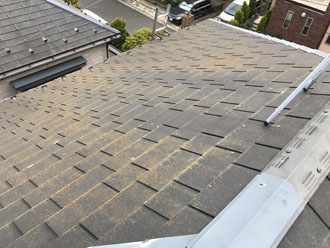 屋根の防水機能が低下し、藻が発生しているスレート屋根