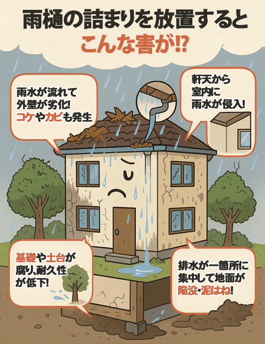 雨樋の詰まり・破損を放置することで起こる可能性がある被害