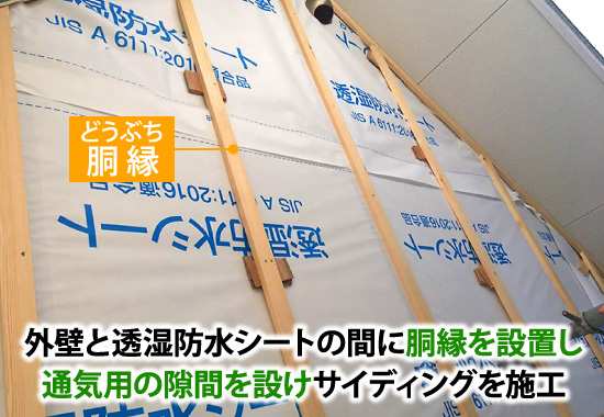 通気工法は外壁と透湿防水シートの間に胴縁を設置し通気用の隙間を設けサイディングを施工