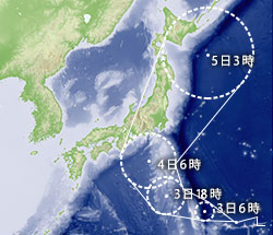 北海道に台風接近時の台風進路予報図