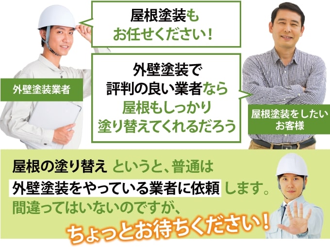 屋根の塗り替えというと、普通は外壁塗装をやっている業者に依頼しますが、ちょっとお待ちください!